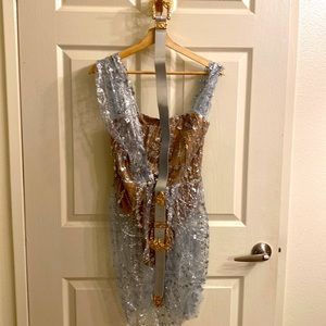 NWT Bella Barnett Silver Glitter Nude Sheer Dress Medium